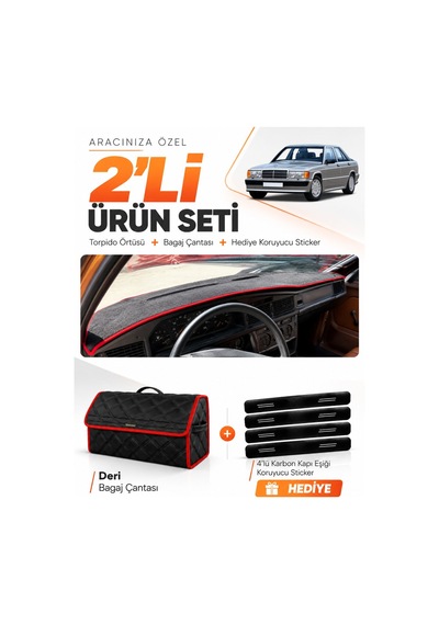 Mercedes W201 E-class 190-190e 1982-1993 Uyumlu Torpido Örtüsü + Deri Çanta Seti - Siyah Kırmızı