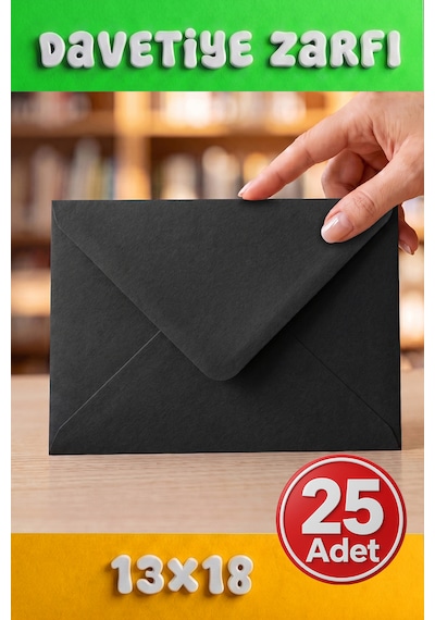 25 Adet 13x18 Cm Premium Kalite Davetiye Zarfı Siyah