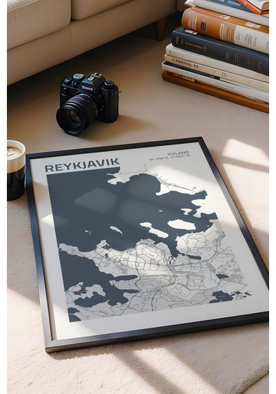 Reykjavik İzlanda Iceland Haritası Çerçeveli Tablo Ofis Salon Duvar Dekorasyonu Hediyelik Tablo