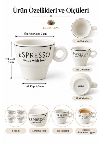 4 Lü Espresso Fincanı Seti Beyaz Seramik Made With Love Tasarımlı Kahve Fincanı