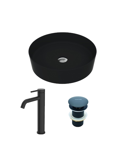 Creavit Loop Siyah Mat Çanak Lavabo Armatür Ve Sifon Başlığı Set Mat Siyah