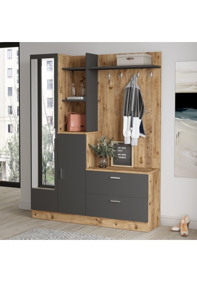 Yurudesign Wisdom Vestiyer Ayakkabılık Portmanto Aynalı Raf Çam-A