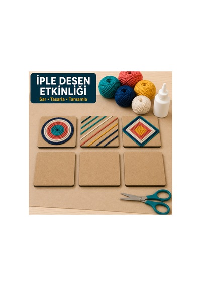 Arliadesign Çukurova Ahşap Lazer Kendin Yap 6 Lı Kare Bardak Altlığı Seti Standlı 12x12 Cm Ham Mdf