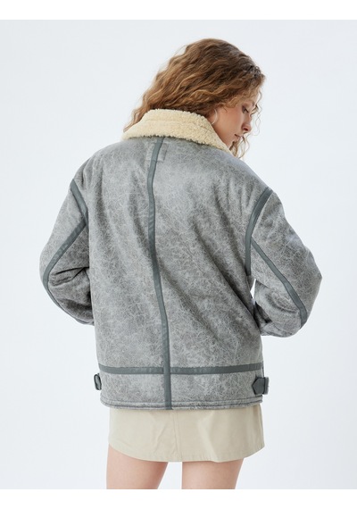 Koton Oversize Suni Deri Ceket Klasik Peluş Yaka Fermuarlı Cep Detaylı Gri 5wal20105ıw Gri
