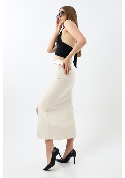 Winmoda34 Kadın Uzun Kemerli 92cm Maxi Boy Yırtmaçlı Süet Etek Ekru
