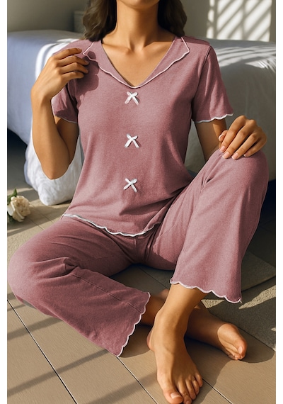Bella Notte Pamuklu Gül Kurusu Fiyonk Detaylı Mevsimlik Pijama Takımı Pembe