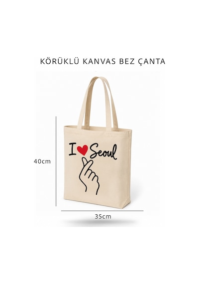 Lunora Collection I Love Seoul Baskılı Körüklü Kanvas Bez Çanta Açık Ten
