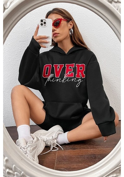 Uyguntarz Unisex Over Thinking Baskılı Sweatshirt siyah