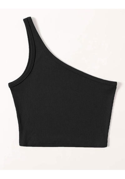 Liona Asimetrik Yaka Kolsuz Tek Omuz Askılı Siyah Renk Fitilli Crop Top Bluz Siyah