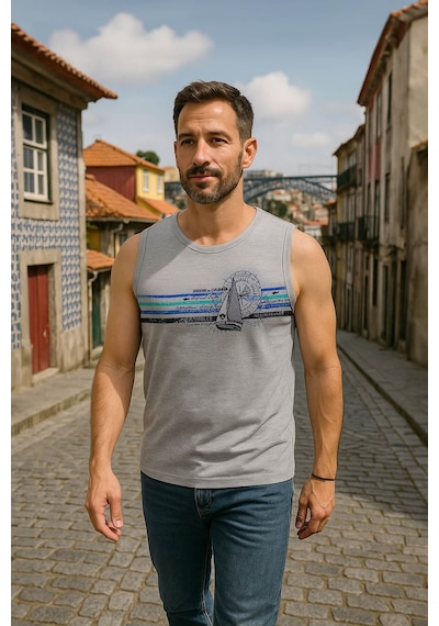 Erkek Yelkenli Baskılı %100 Pamuk Kolsuz T-shirt Gri Melanj