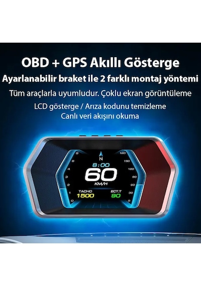 Ally P17 Hud Obd2 & Gps Çift Sistemli Araç Bilgisayarı Dijital Kilometre Su Ve Yağ Sıcaklığı Ölçer Hız & Alarm Göstergeli Oto Elektroniği- 5775