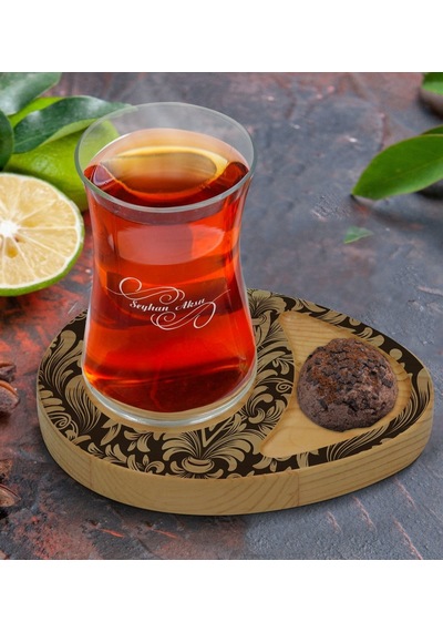 Kişiye Özel Retro Motif Tasarımlı Doğal Ahşap Tabaklı Heybeli Çay Bardağı Sunum Seti Model 6 Çok Renkli