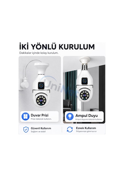 Uninet Çift Kameralı Ampule Takılabilen Tip Wifi Güvenlik Kamerası Full Hd, 355 Derece Dönebilen, Gece Görüşlü Ptz Kamera