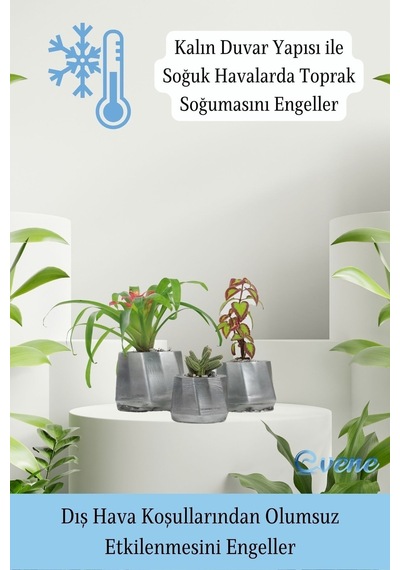 Saksı Çiçek Kaktüs Saksısı Lüx 15 Cm Varak Boyalı Kalın Çizgi Desen 3'lü Set Çiçeklik - Gümüş Eskitme