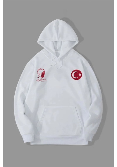 Barlashive Erkek 10 Kasıma Özel 3 İplik Kapüşonlu Baskılı Sweatshirt Hoodie - Beyaz Çok Renkli