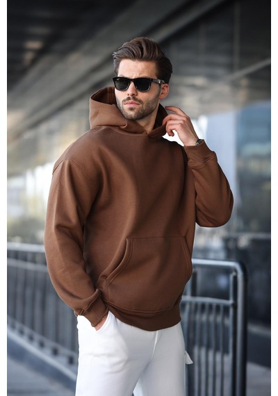 Madmext Kahverengi Kapüşonlu Kanguru Cep Erkek Sweatshirt E7169 Kahverengi