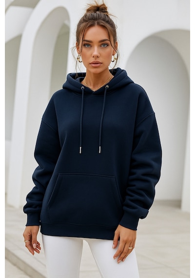 Kadın Lacivert Kanguru Cepli Kapüşonlu Scuba Sweatshirt Lacivert