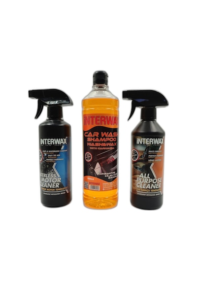 İnterwax 3'lü Set Susuz Motor Temizleyici 500 Ml + Çok Amaçlı Döşeme Temizleyici 500 Ml + Cilalı Oto Şampuanı 1000 Ml.