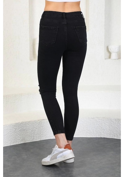 Füme Diz Yırtık Yüksek Bel Pantolon Skinny Jeans Füme