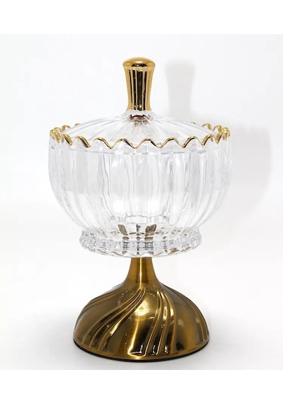 Metal Ayaklı Kristal Cam Şekerlik Gold Detaylı Sunumluk Alk4871 Diğer