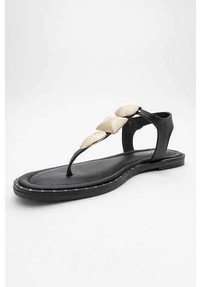 Luvishoes Luvi Shoes Helen Siyah Hakiki Deri Parmak Arası Gold Tokalı Kadın Sandalet Siyah