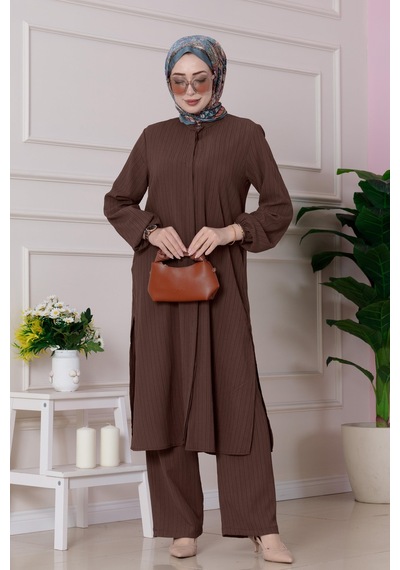 Sevitli Yırtmaç Detaylı Tunik Pantolon Takım-kahverengi-4861