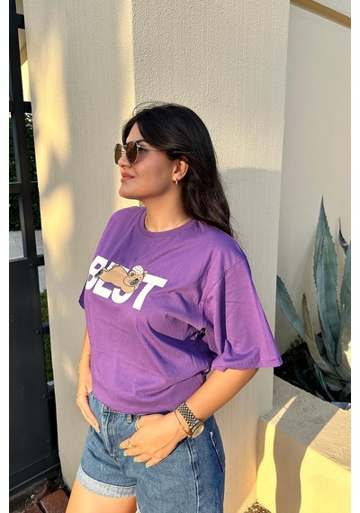 Mor Renk Best Baskı Ayıcık Desenli Unisex Oversize T-shirt Mor