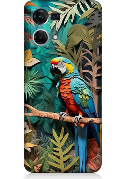 Oppo Reno 7 Uyumlu Ormanda Tropik Papağan Desenli Silikon Kılıf Çok Renkli