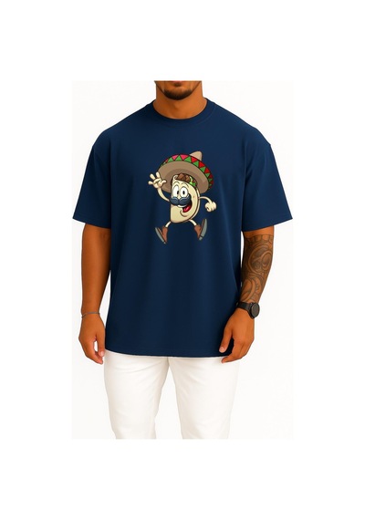 Bahriyeli Collection Oversize Taco Mexican Cuisine Cartoon Göğüs Tasarımlı Unisex T-shirt Lacivert
