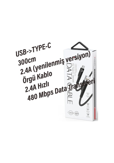 Exenar - Siyah - 3 Metre Usb Type C Kablo 2.4a 3m Uzun Usb-c Kablo Şarj Ve Data Kablosu