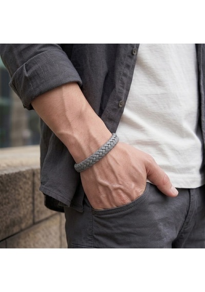 Premium Rumeli Gri Örme Pu Deri Erkek Bileklik - Zamak Kilitli Tasarım 31833b4d23z - 20 Cm
