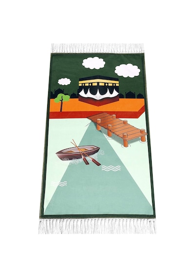 Dijital Baskılı Çocuk Seccadesi - Kayıklı Kabeli Yeşil Renk - 44 X 78 cm