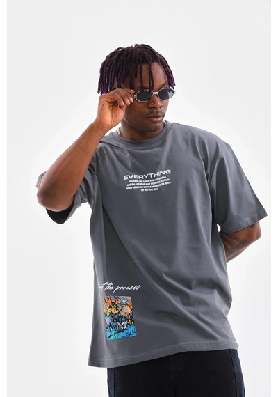 Erkek Bisiklet Yaka Baskılı Oversize T-shirt - Gri Gri
