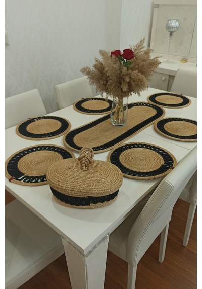 Kaan Home 6 Lı Supla 1 Runner 1 Kapaklı Örgü Ekmek Sepeti Seti Bej Krem Desenli Sunumluk Siyah