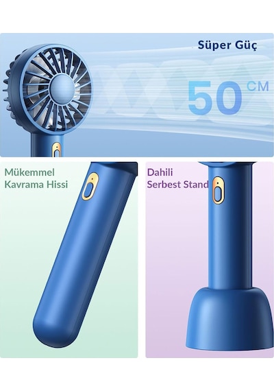 Warmco K30 Taşınabilir Şarjlı Mini El Vantilatörü 1800mah 3 Kademeli Standlı Soğutucu Fan Lacivert
