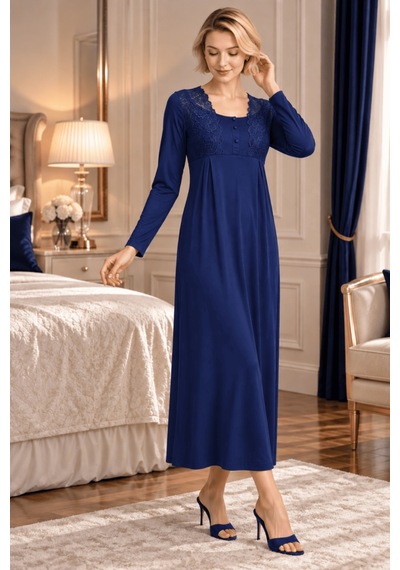 Mecit Pijama Mecit 6411 Lacivert Dantel Detaylı Kadın Sabahlık Gecelik Takım