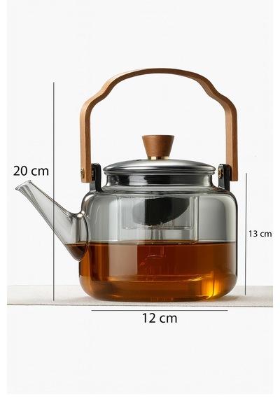 Ahşap Saplı Füme Cam Demlik Borosilikat Isıya Dayanıklı Cam Çaydanlık 1200 Ml Füme