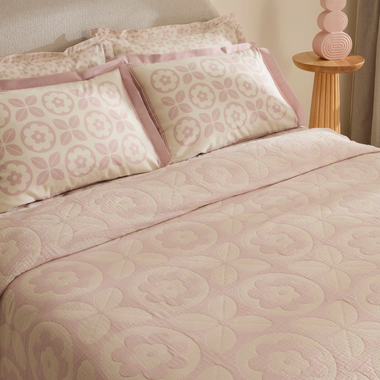Karaca Home Shayla Pembe Baskılı Müslin Çift Kişilik Pike Takımı Pembe