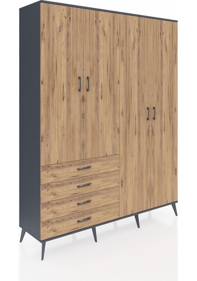 Hyperion Gardrop 6 Raflı 4 Çekmeceli Tek Askılı 176x44x221 Antrasit-çam Çam