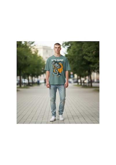 Urbantrendstore Unisex Skate Machine Kaykay Oversize Fit Rahat Geniş Salaş T-shirt Günlük Tişört Mint