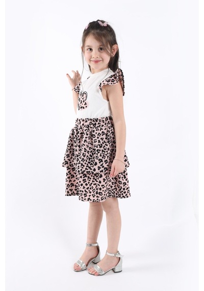 Aden Kids Kız Çcouk Leopar Desenli Alt Üst Etekli Takım Çok Renkli