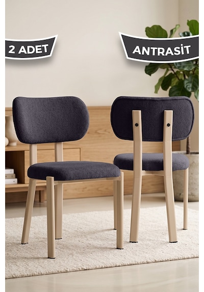 Arlesa Serisi 2 Adet Bukle Kumaş Cappucino Metal İskeletli Mutfak Sandalyesi Antrasit Sandalye Cappucino İskelet