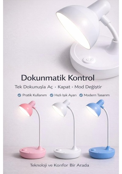 Beyaz Led Masa Lambası, Şarjlı, 3 Kademe Işık, Dokunmatik Kontrol, Akrobat Diğer
