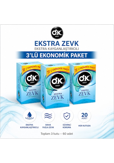 Okey Ekstra Zevk 20 Extra Kayganlaştırıcılı Prezervatif 20 Li 3 Kutu 60 Adet