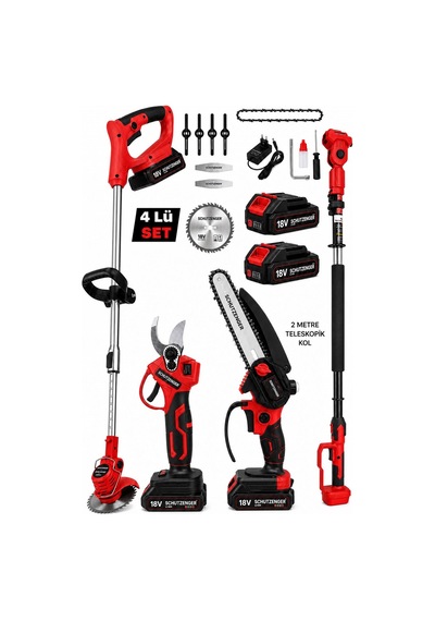 Schutzenger RN812 Teleskopik Kol 4 Lü Set Şarjlı Budama Testere Hızar Çim Biçme Makinesi Budama Makası 30MM Kırmızı