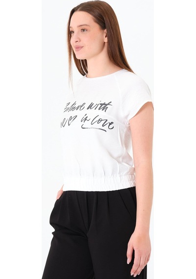 Sortie Collection Reglan Kollu Yazı Baskılı Beli Lastikli Bluz Ekru