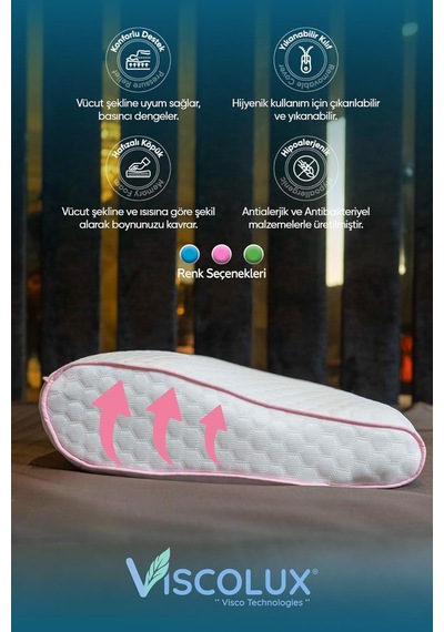 Servikal Boyun Destekli Ortopedik Yastık - Boyun Düzleşmesi Visco Yastık Pembe 56x34x10,5, Pembe Genel