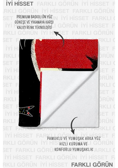 Kedi Balık Figürlü Plaj Havlusu - Akdeniz Pop Art Sarı Kırmızı Hızlı Kuruyan Mikrofiber Havlu Sisli Kumul