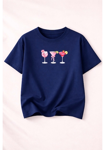 Herkesemoda Summer Baskı Detaylı Kadın Bisiklet Yaka Pamuklu T-shirt Lacivert