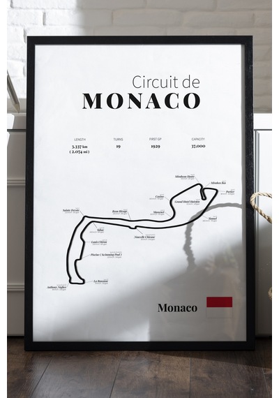 Monaco Formula 1 Siyah Ahşap Çerçeveli Poster, Dekoratif Harita Duvar Tablosu